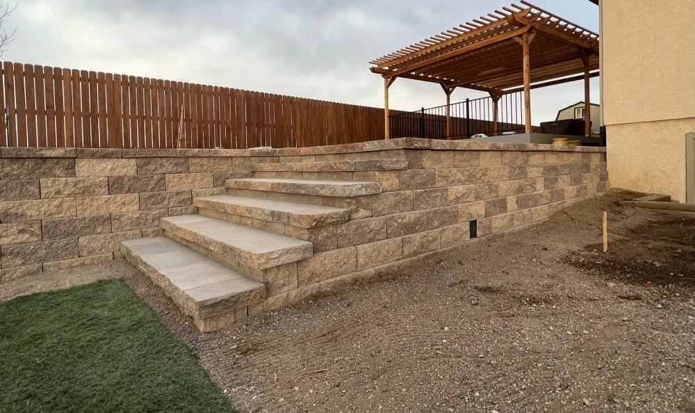 Steps built into a retaining wall.